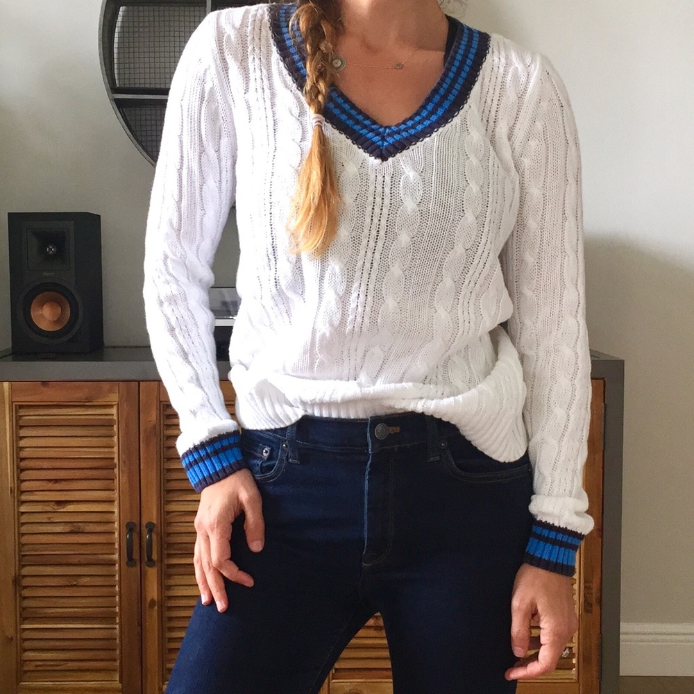 Varsity Cable Knit V-Neck Sweater